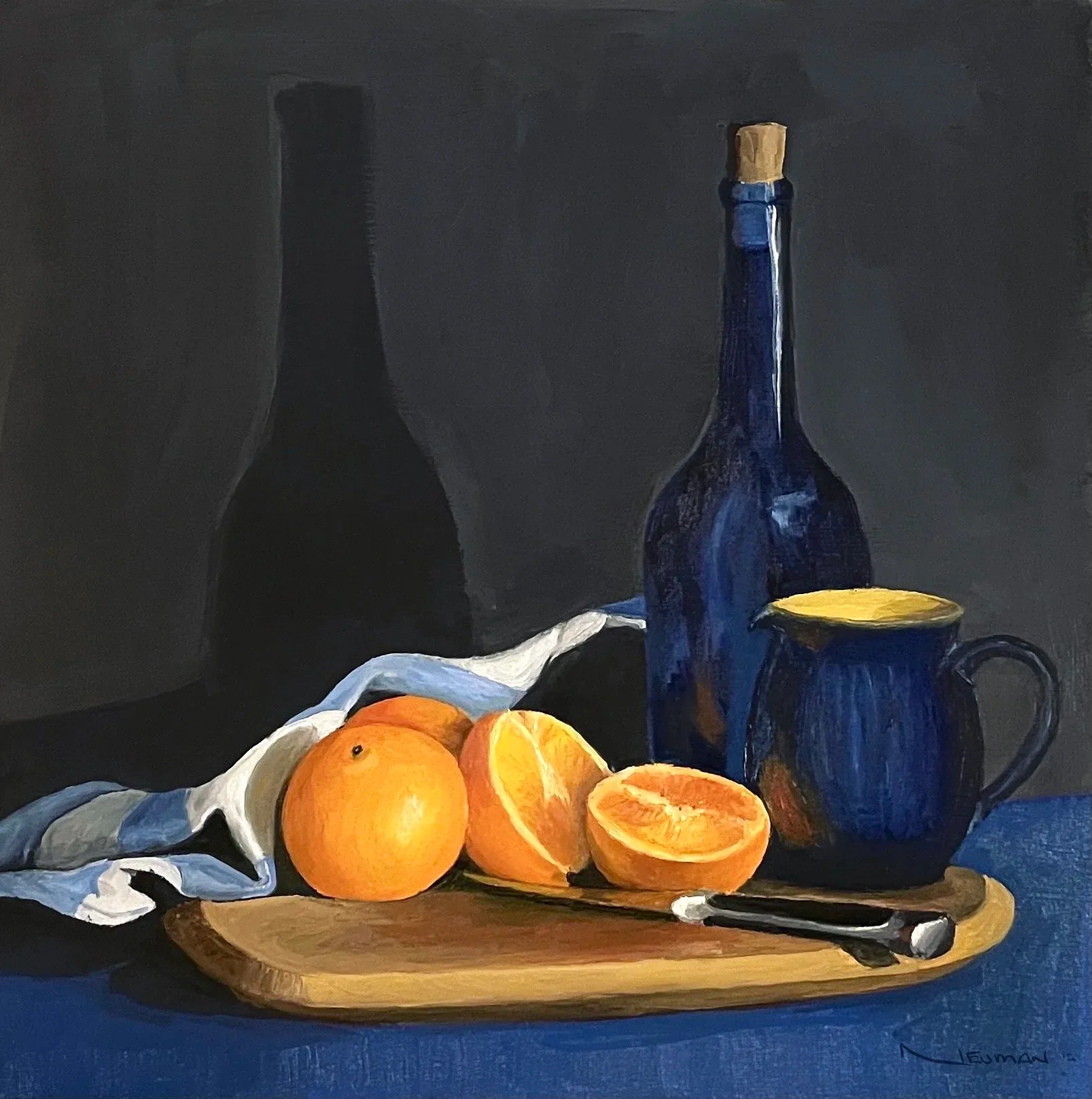 "Still Life with Oranges, Mug and Bottle"